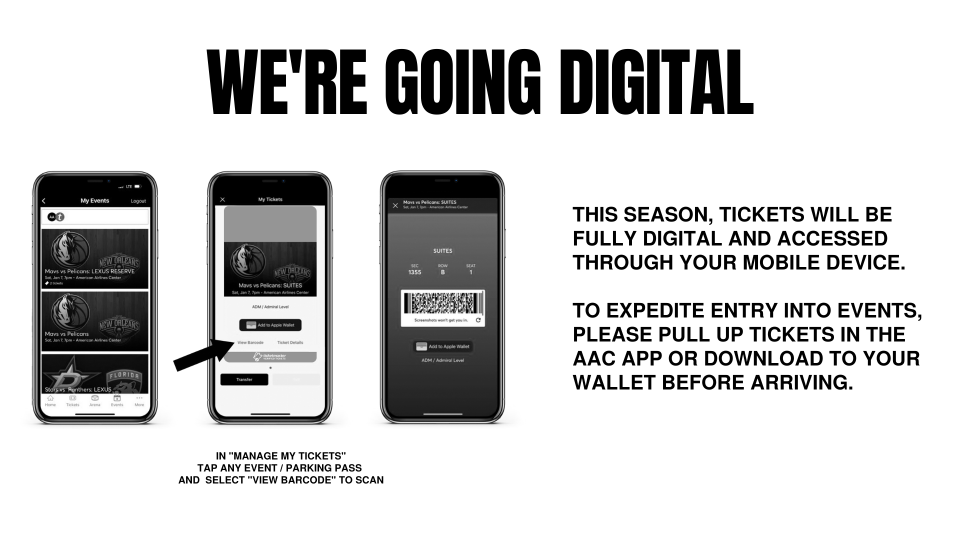 WE'RE GOING DIGITAL: THIS season, tickets will be fully digital and accessed through your mobile device.   to expedite entry into events, please PULL UP TICKETS IN THE AAC APP OR DOWNLOAD TO YOUR WALLET before arriving.  